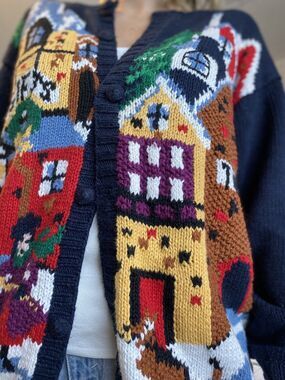 Vtg Birch Bros Holiday Christmas Sweater Cardigan Women's Multi-Color Graphic M